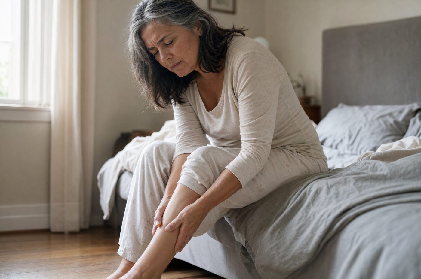 Woman in her sixties massaging her calf at the edge of the bed